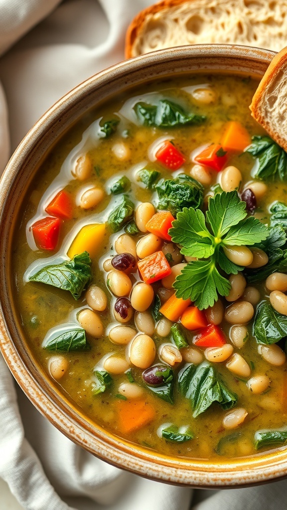 A bowl of kale and lentil soup with vegetables, garnished with herbs, alongside a slice of bread.